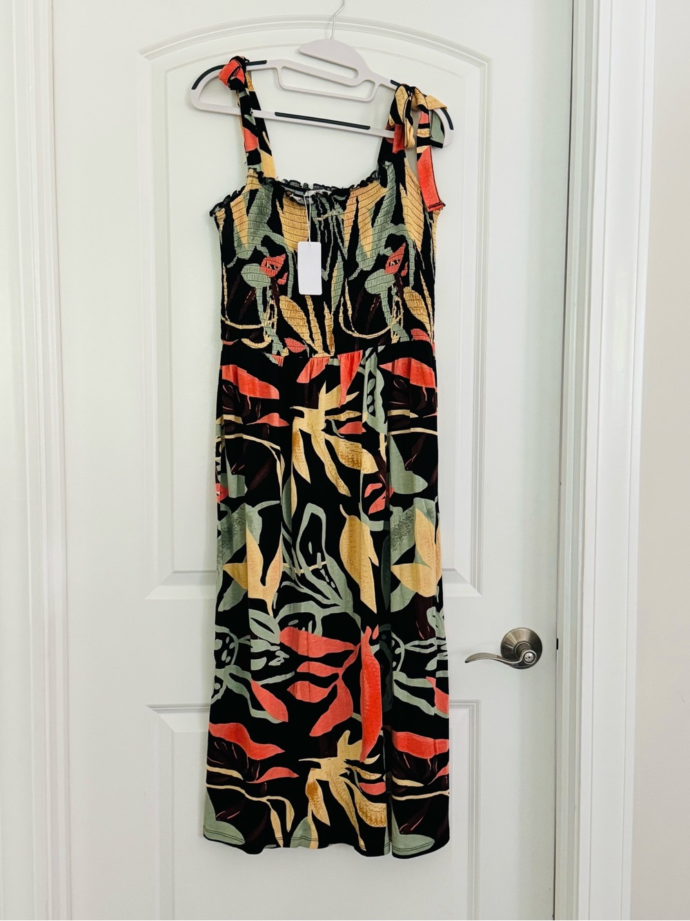 Smocked Tie-Shoulder Black Tropical Print Maxi Dress, New with Tags